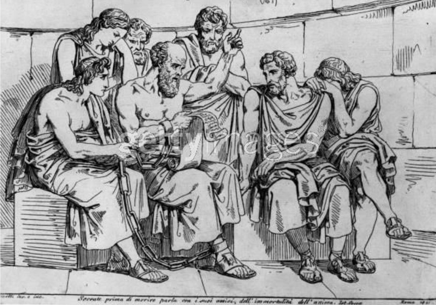 Dibujo de Sócrates con sus discípulos.